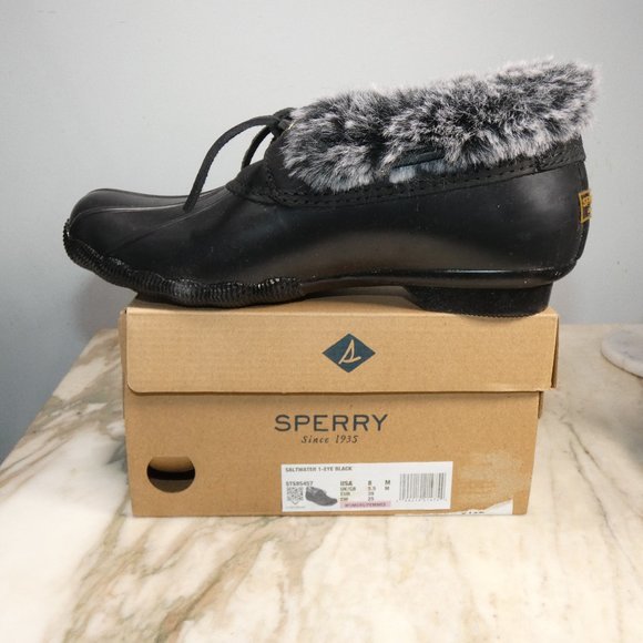 Sperry Faux Fur Saltwater 1-Eye Rain Boot, Black/Black, Duckboot Shoe 8 - Picture 2 of 10